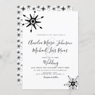 Elegant Script Black Snowflakes Christmas Wedding Invitation