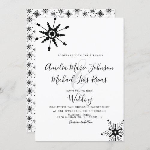 Elegant Script Black Snowflakes Christmas Wedding  Invitation