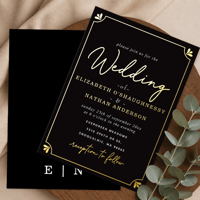 Elegant Script Black Wedding Invitation Foil Invitation (Creator Uploaded)