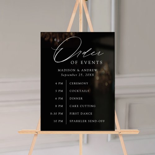 Elegant Script Black Wedding Order of Events Acrylic Sign