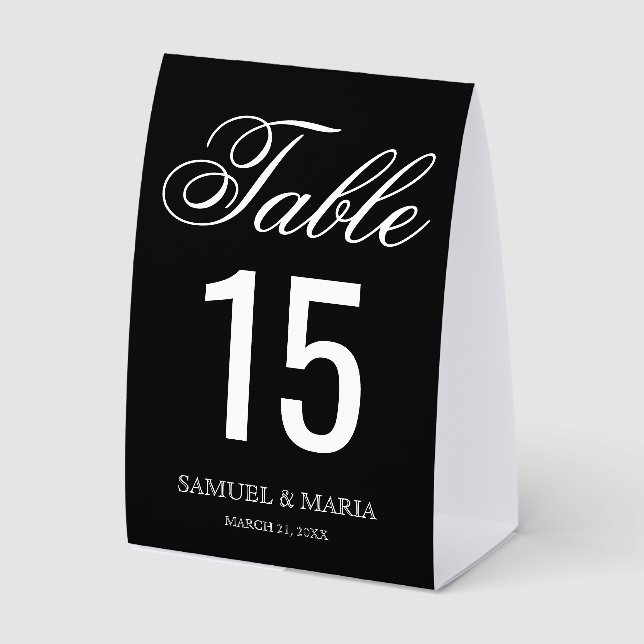 Elegant Script Black Wedding Table Number Paper Table Tent (Front)