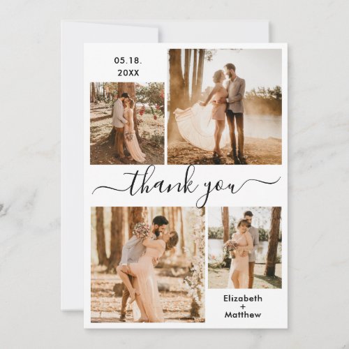 Elegant Script Black White 4 Photo Collage Wedding Thank You Card