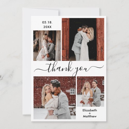 Elegant Script Black White 4 Photo Collage Wedding Thank You Card