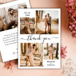 Elegant Script Black White 4 Photo Collage Wedding Thank You Card<br><div class="desc">Elegant, modern, minimalist black and white hand written 4 photo collage personalized wedding thank you card. Stylish wedding thank you card template featuring four (4) photo on the front and one (1) photo on the back side. With the text "thank you" in a cursive hand lettered calligraphy swash-tail font script...</div>