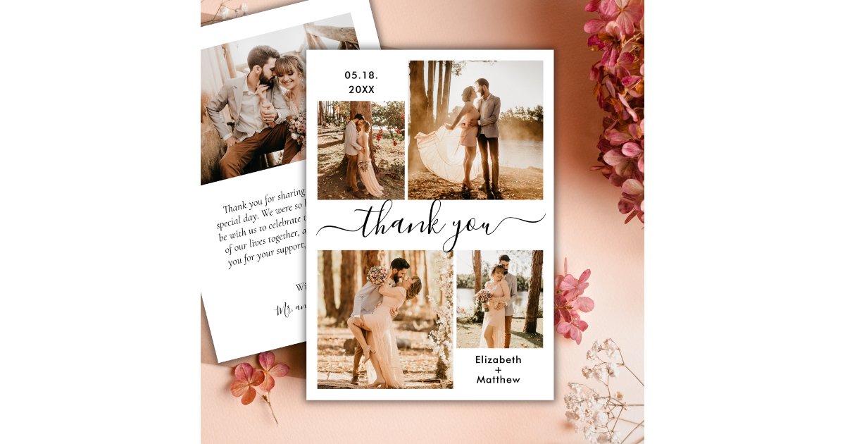 Elegant Script Black White 4 Photo Collage Wedding Thank You Card | Zazzle