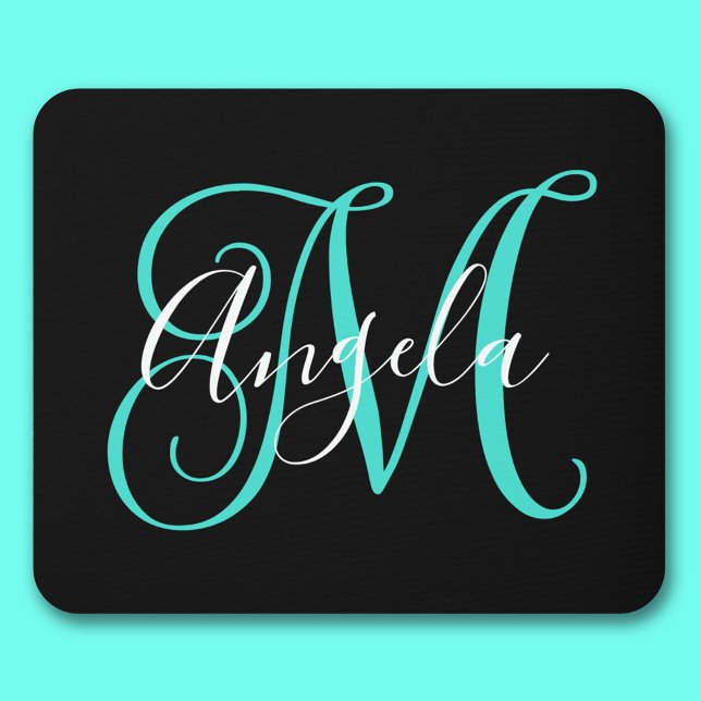 Elegant Script Black White and Turquoise Monogram Mouse Pad (Elegant Script Black White and Turquoise Monogram Mouse Pad)