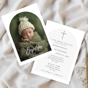 Elegant Script Black & White Arch Photo Baptism  Invitation