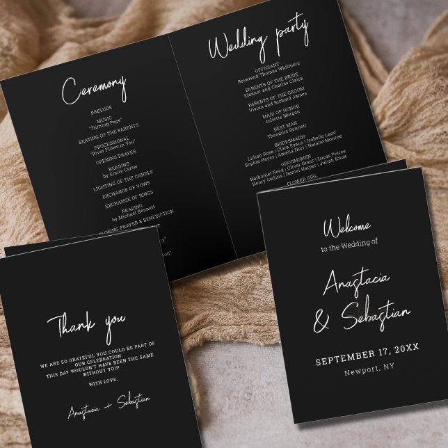 Elegant Script Black & White Bi Folded Wedding Program (Elegant Script Black & White Bi Folded Wedding Program)