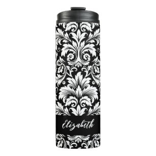 Elegant Script Black White Damask Pattern Thermal Tumbler
