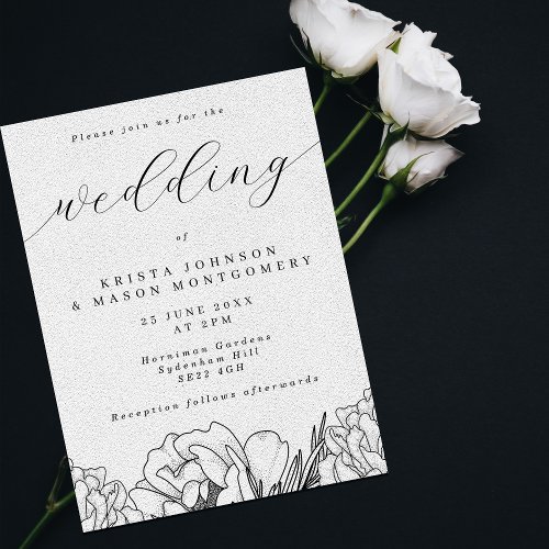 Elegant Script Black  White Floral Wedding Invitation