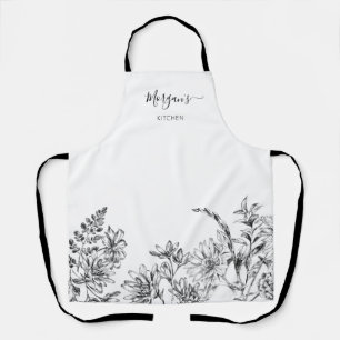 Elegant Script Black White Floral Wine Apron