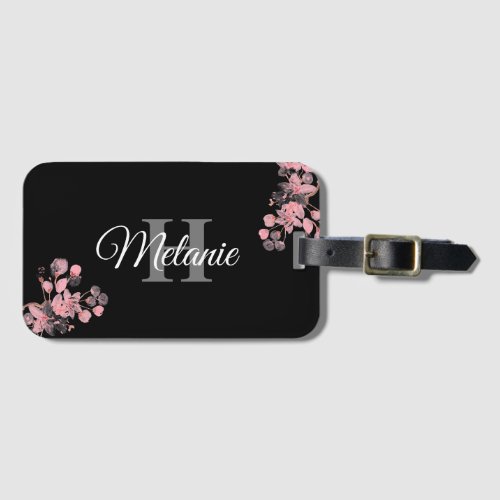 Elegant Script Black White Girly Floral Monogram L Luggage Tag