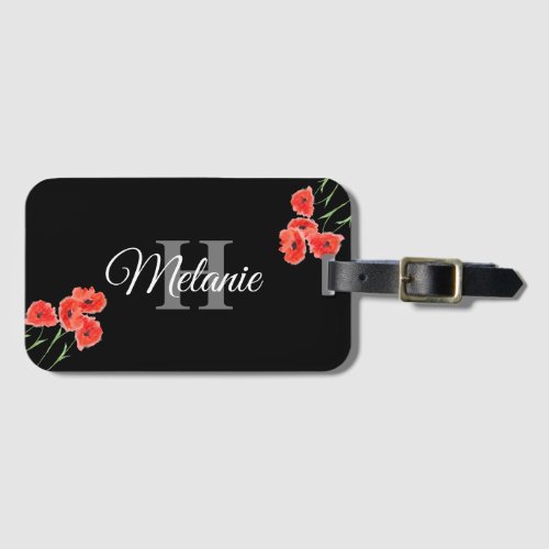 Elegant Script Black White Girly Floral Monogram L Luggage Tag