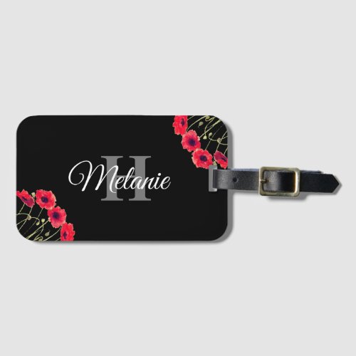 Elegant Script Black White Girly Floral Monogram Luggage Tag