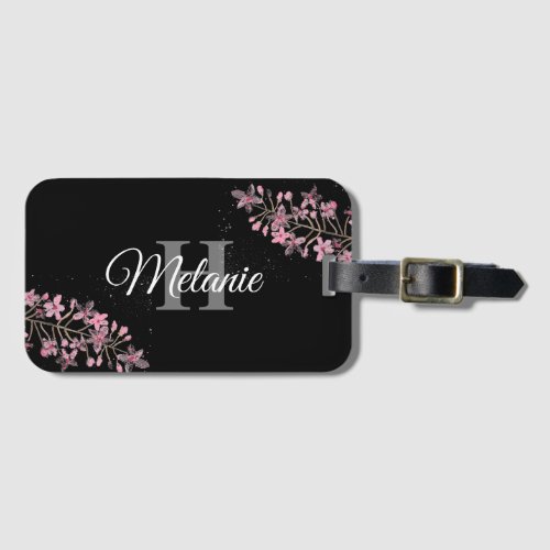 Elegant Script Black White Girly Floral Monogram Luggage Tag