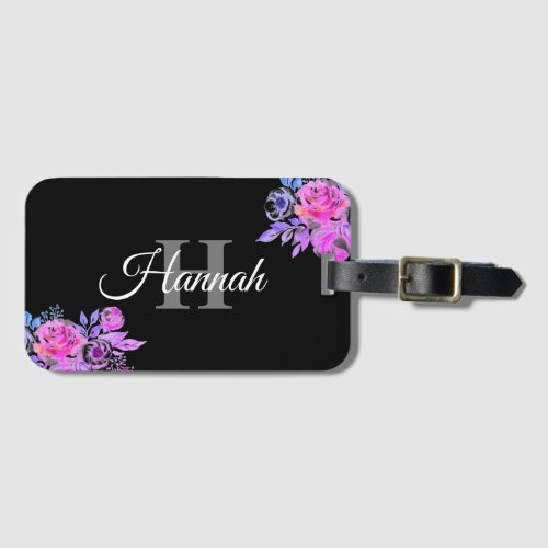 Elegant Script Black White Girly Floral Monogram Luggage Tag