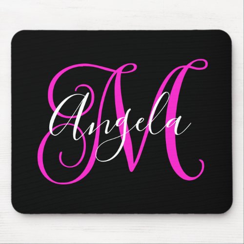 Elegant Script Black White Hot Magenta Monogram Mouse Pad