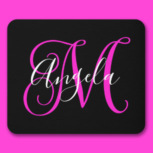 Elegant Script Black White Hot Magenta Monogram Mouse Pad