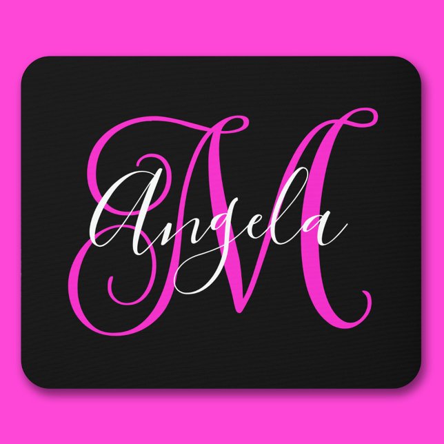 Elegant Script Black White Hot Magenta Monogram Mouse Pad (Elegant Script Black White Hot Magenta Monogram Mouse Pad)