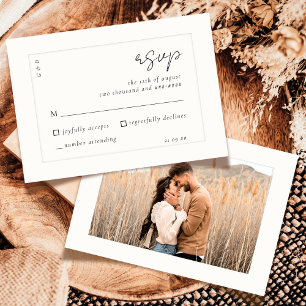 Elegant Script Black White Ivory Photo Wedding RSVP Card
