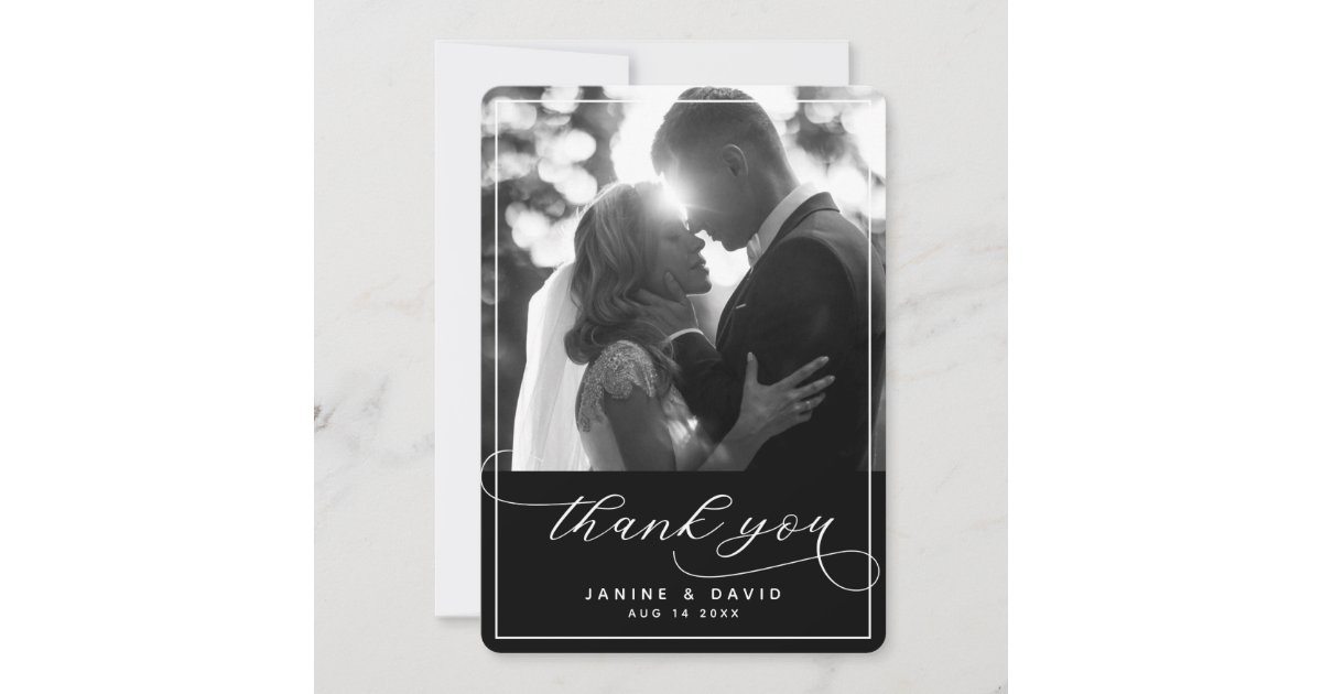 Elegant Script Black White Modern Wedding Photo Thank You Card | Zazzle