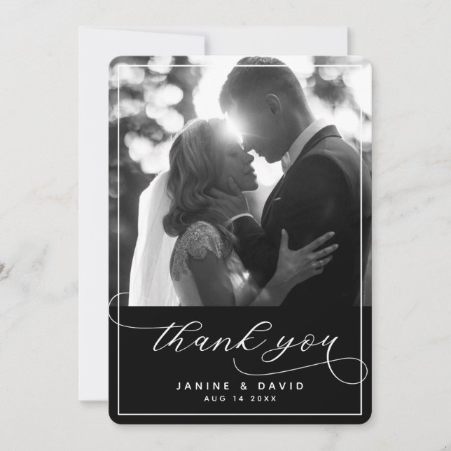 Elegant Script Black White Modern Wedding Photo Thank You Card (Front)