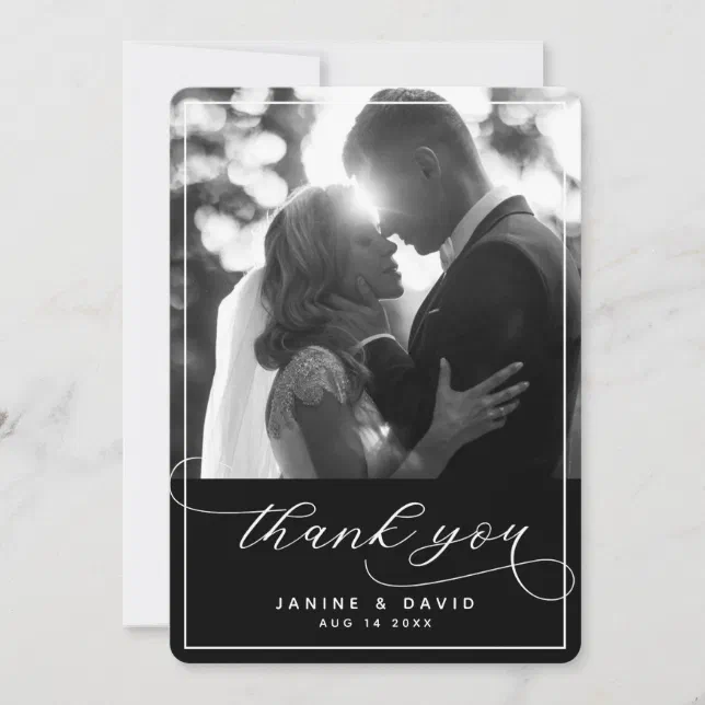 Elegant Script Black White Modern Wedding Photo Thank You Card | Zazzle