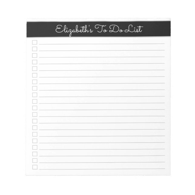 Elegant Script Black & White One Column Checklist Notepad (Front)