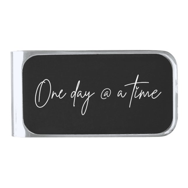 Elegant Script Black White One Day A Time Silver Finish Money Clip (Front)