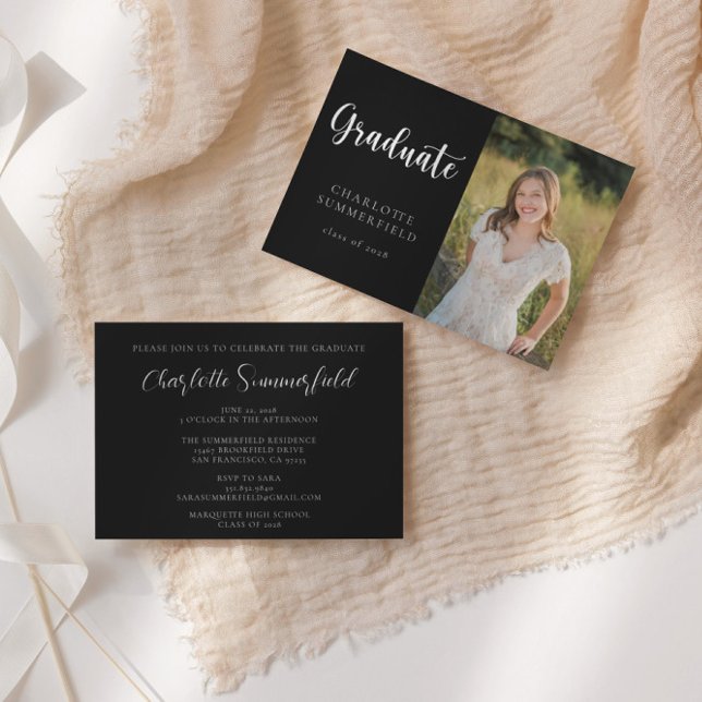 Elegant Script Black White Photo Graduation Invitation (Creator Uploaded)