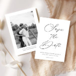 Elegant Script Black White Photo on Back Wedding Save The Date<br><div class="desc">This Save the Date announcement card features an elegant script heading and your custom text,  with a photo on the back.  Use the template to add your information.  The colors and the photo filter (black and white or color) can be changed using the Design Tool.</div>