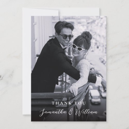 Elegant Script Black White Photo Wedding Thank You Card