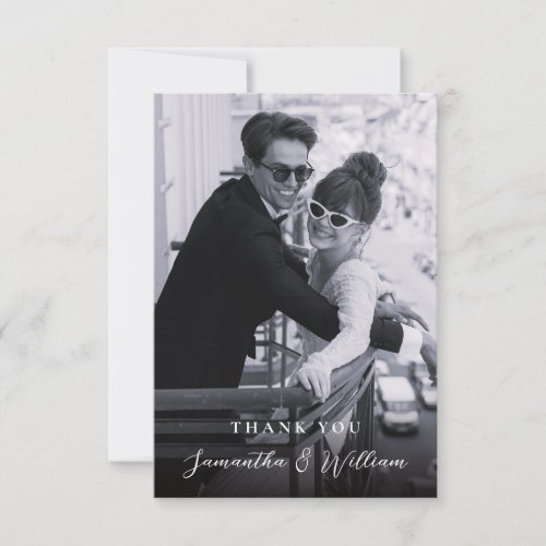Elegant Script Black White Photo Wedding Thank You Card