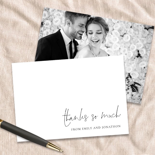 Elegant Script Black White Photo Wedding Thankyou Note Card (Front and back view)