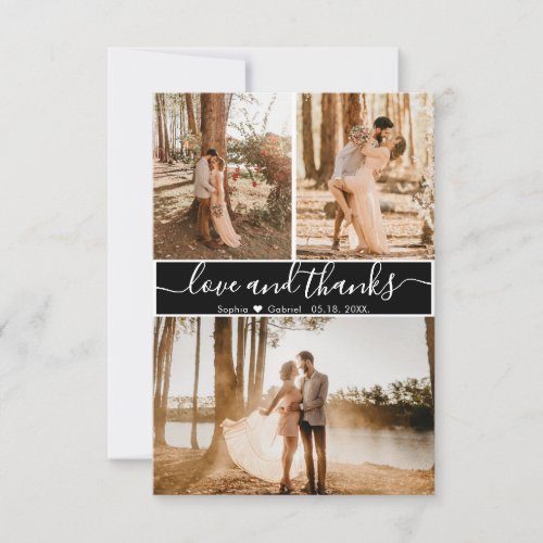 Elegant Script Black White Wedding 3 Photo Collage Thank You Card