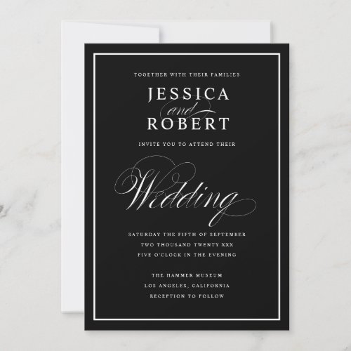 Elegant Script Black  White Wedding Black Invitation