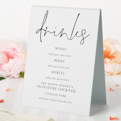 Elegant Script Black White Wedding Drinks Bar Sign