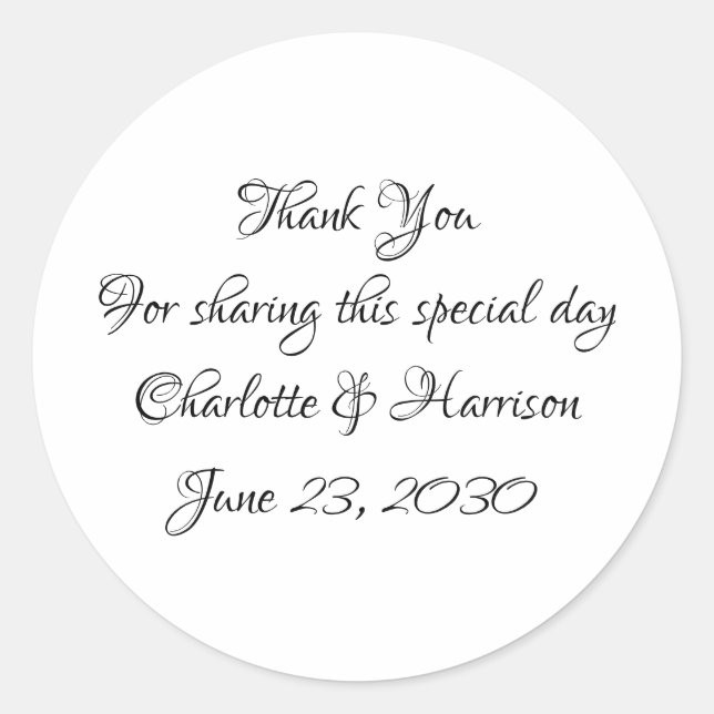 Elegant script black white Wedding gift favor Classic Round Sticker (Front)