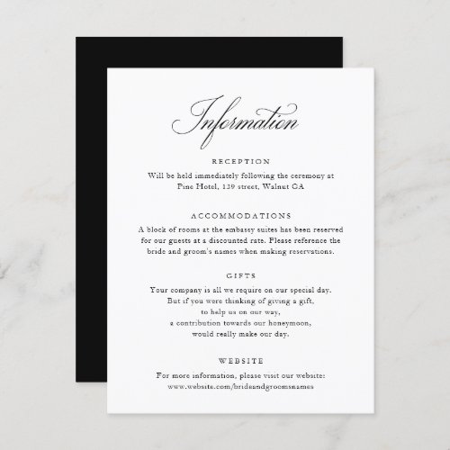 Elegant Script Black White Wedding Info Card