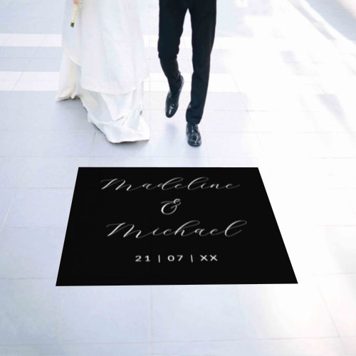 Elegant Script Black White Wedding Names Date Sign Floor Decals