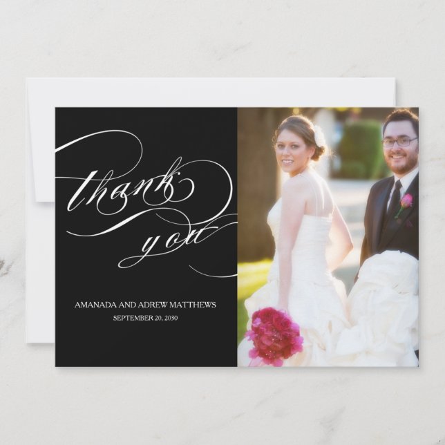 Elegant Script Black White Wedding Photo Thank You (Front)