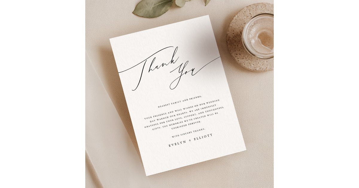 Elegant Script Black White Wedding Reception Table Thank You Card | Zazzle