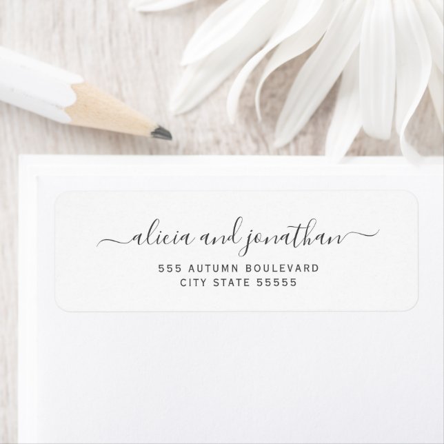 Elegant script black white wedding return address label (Insitu)
