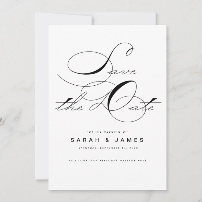 Elegant Script Black White Wedding Save the Date (Front)
