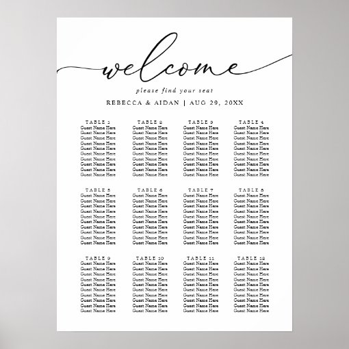 Elegant Script Black & White Wedding Seating Chart | Zazzle