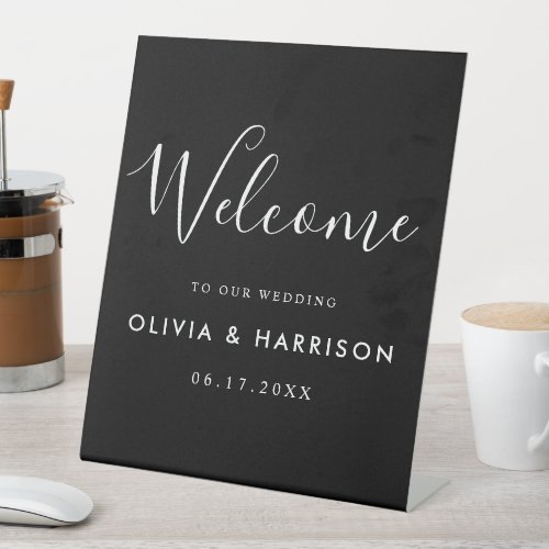 Elegant Script Black White Wedding Welcome Pedestal Sign