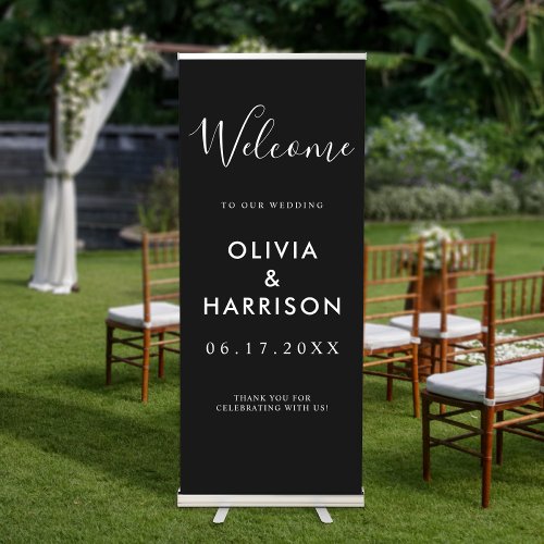 Elegant Script Black White Wedding Welcome Retractable Banner