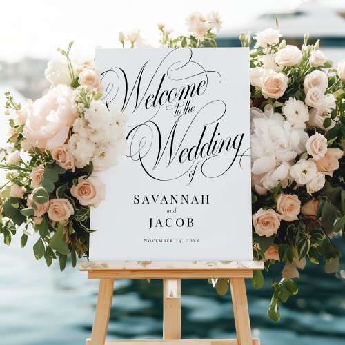 Elegant Script Black White Wedding Welcome Sign