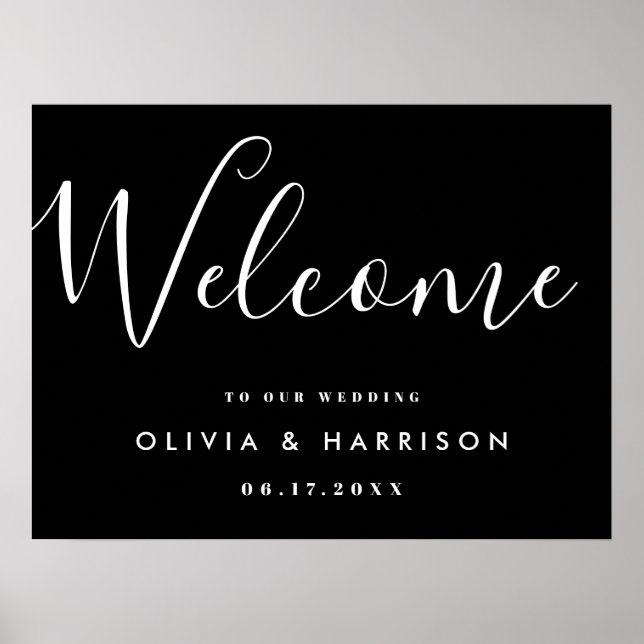 Elegant Script Black White Wedding Welcome Sign (Front)