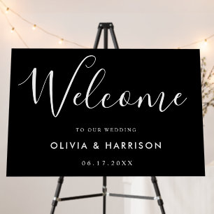 Elegant Script Black White Wedding Welcome Sign